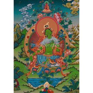 Tibetan Buddha Green Tara | Mother of Liberation | Goddess of Compassion & Protection | Featuring Amitabha Buddha | Spiritual Wall Artwork