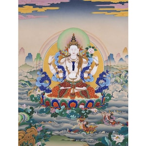 Tibetan Canvas Print For Chenrezig Mantra Practice | Four-Armed Avalokiteshvara Thangka | Infuse Your Space with Divine Energy | Gift Ideas