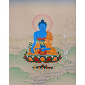 Bhaisajyaguru, Lapis Lazuli Medicine Buddha | Tibetan Sacred Art for Healing and Wellness | 24K Gold, Natural Stone Colors