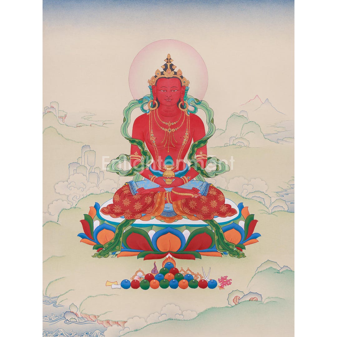 チベットの仏画 阿弥陀如来 手描き手描きの阿弥陀如来タンカ｜長寿と