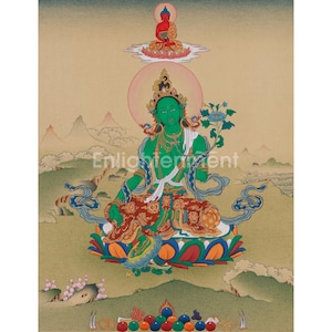 Mother Green Tara with Amitabha Buddha Painting | Hand-Painted Shyama Tara | Female Buddha | Tibetan Buddhism | Spiritual Wall Art for Altar