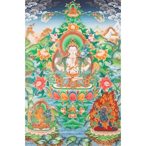 4-Armed Chenrezig Avalokiteshvara Thangka | With Manjushri & Vajrapani | Om Mani Padme Hum | Compassion, Wisdom, and Power | ERI-STYLE Art