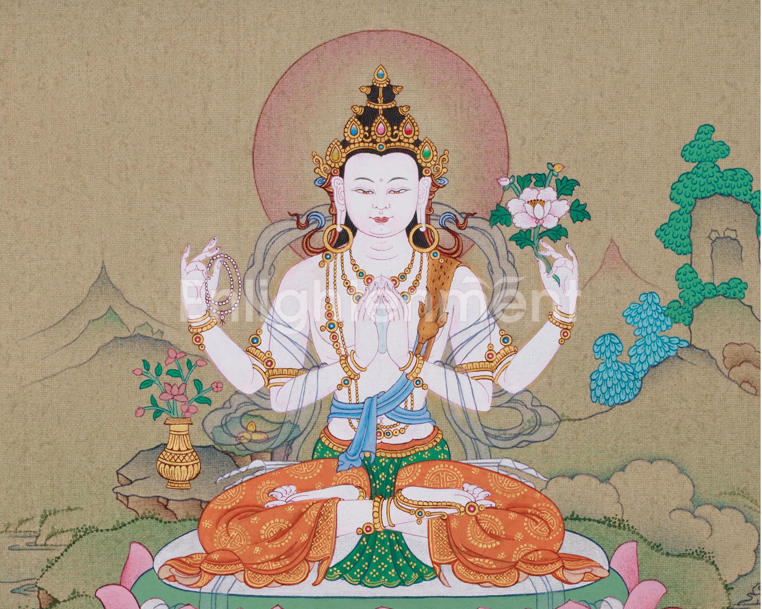 四臂観音タンカ | 聖なる観音菩薩のアートワーク | 24Kゴールド