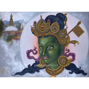 Grüne Tara Weiblicher Buddha Der Erleuchtungsaktivität Paubha Print | Die Grüne Tara, Die Mutter aller Buddhas | Tara-Bodhisattva | Der weibliche Buddha