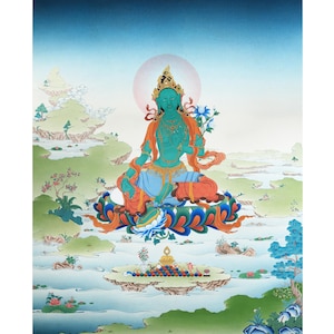 Goddess Green Tara Thangka | Buddhist Religious Painting | Canvas Digital Print  | Spiritual Gift | Wall Decoration | Made in Nepal Poster