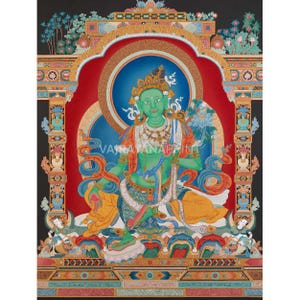 Embrace The Blessing With Green Tara Canvas Print | Goddess of Compassion Thangka Print for Spiritual Radiance | Tibetan Buddhism Wall Decor
