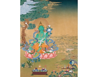 グリーンターラ　タンカペイント グリーンターラ慈悲の女神 B - 小さいサイズのリスト タンカ タンカ