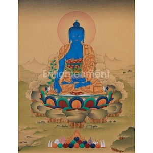 Buddhistische Heilgottheit, Bhaisajyaguru Thangka | Handgemalter Medizin Buddha | Tibetischer Buddha der Gesundheit und Gelassenheit | Spiritueller Schutz
