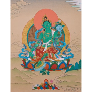 Tibetan Buddhist Deity Green Tara | Hand-Painted Shyama Tara Thangka | Goddess of Compassion and Healing | Spiritual Protection | Home Decor