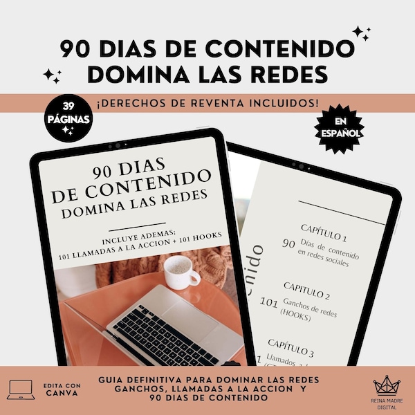 90 Dias de Contenido Domina las Redes Plantilla Listo para Usar Ebook, Master Resell Rights, PLR, MRR, Derecho de Reventa Marketing, Español