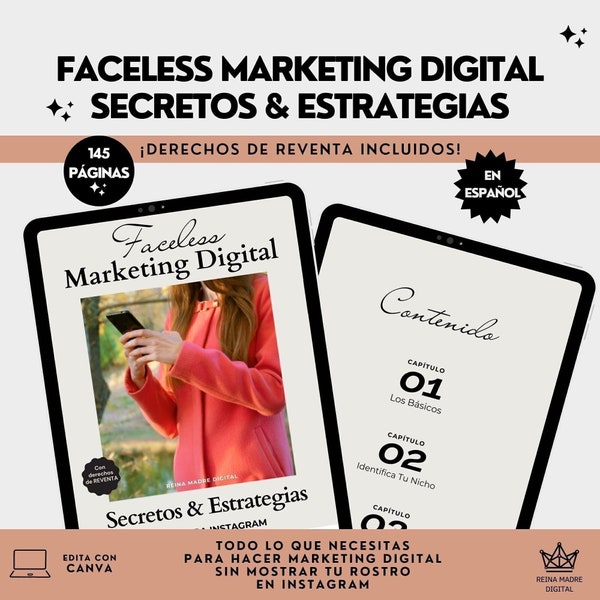 Faceless Digital Marketing, Sin Rostro, Sin Cara, Plantilla Lista, Canva, Ebook, Derecho de Reventa, Master Resell Rights, MRR, PLR, Español