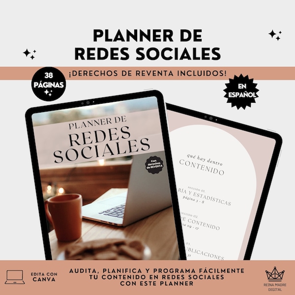 Planner de Redes Sociales con Derechos de Reventa, Guía de Contenido, Planificador, Organizador de Marketing, Programador Diario en Español