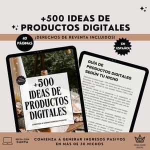 500 Digital Product Ideas, Passive Income, MRR, PLR, Resell Rights, Private Label, Canva Template, Marketing, Spanish