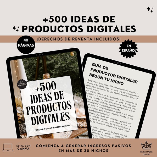 500 Ideas De Productos Digitales, Ingresos Pasivos, MRR, PLR, Derechos De Reventa, Etiqueta Privada, Plantilla Canva, Marketing, Español