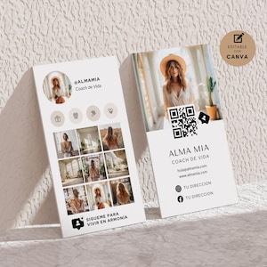 Plantilla de tarjeta de presentación editable con QR Tarjeta de visita de instagram Diseño de tarjeta de negocios dueña mujer latina