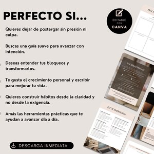 Puede incluir: P&aacute;ginas de planificador digital en beige y blanco, con texto en espa&ntilde;ol. Las p&aacute;ginas incluyen secciones para la pr&aacute;ctica, palabras finales y un kit de emergencia. La frase "PERFECTO SI..." est&aacute; en la parte superior, con un logo de Canva.
