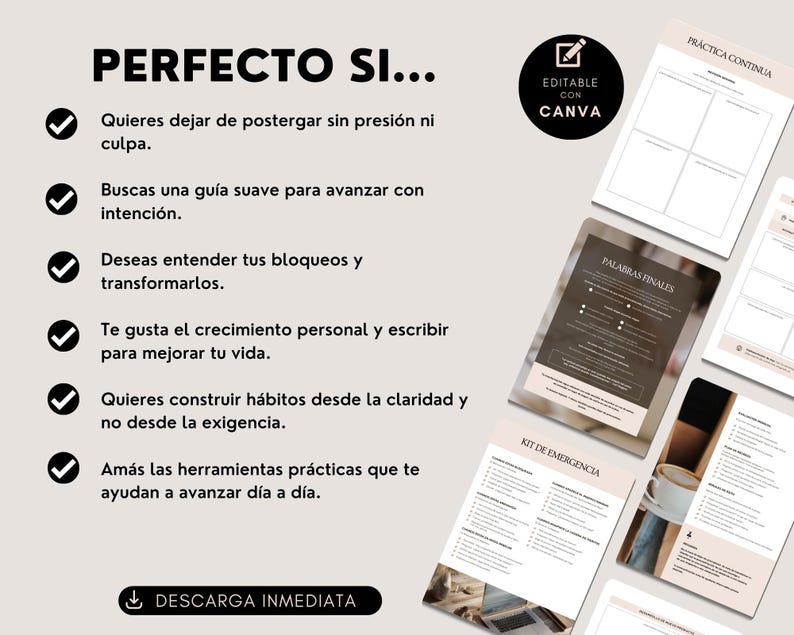 Puede incluir: P&aacute;ginas de planificador digital en beige y blanco, con texto en espa&ntilde;ol. Las p&aacute;ginas incluyen secciones para la pr&aacute;ctica, palabras finales y un kit de emergencia. La frase "PERFECTO SI..." est&aacute; en la parte superior, con un logo de Canva.
