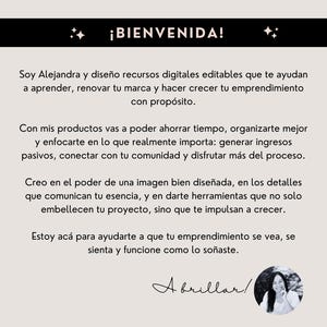 Puede incluir: Gr&aacute;fico beige claro con el texto "&iexcl;BIENVENIDA!" en la parte superior, seguido de texto en espa&ntilde;ol. El texto trata sobre recursos digitales para el aprendizaje, la renovaci&oacute;n de la marca y el crecimiento empresarial. Una firma y una peque&ntilde;a foto de una mujer est&aacute;n en la parte inferior.