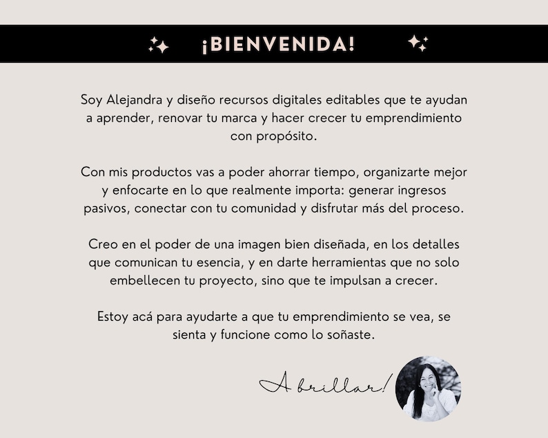 Puede incluir: Gr&aacute;fico beige claro con el texto "&iexcl;BIENVENIDA!" en la parte superior, seguido de texto en espa&ntilde;ol. El texto trata sobre recursos digitales para el aprendizaje, la renovaci&oacute;n de la marca y el crecimiento empresarial. Una firma y una peque&ntilde;a foto de una mujer est&aacute;n en la parte inferior.