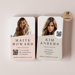 May include: Two business cards with rounded corners. Each card features a headshot of a woman, a name, and contact information. The cards have a colour block design in shades of pink and beige. The text includes the words "Freelancer" and "Editable with Canva."