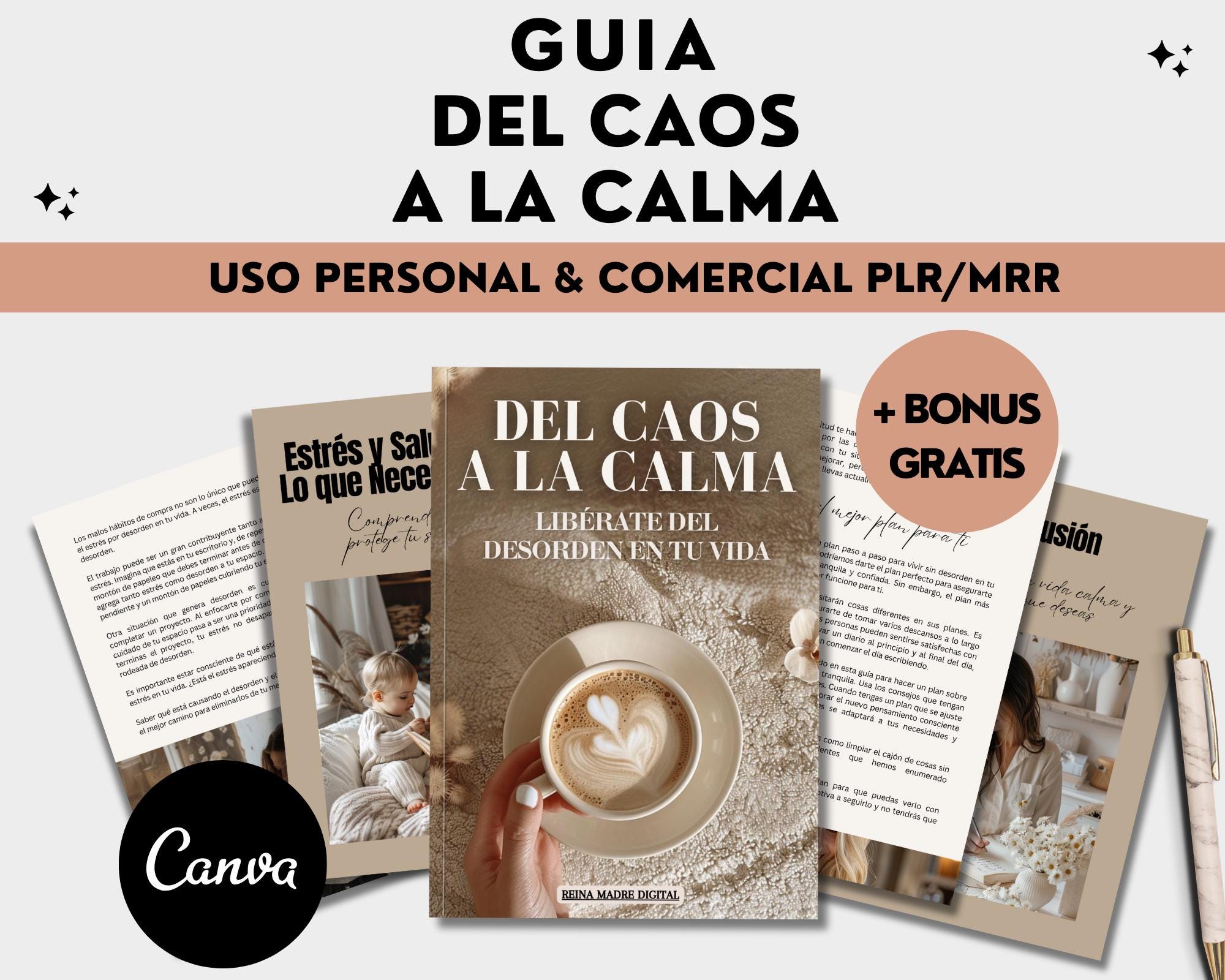 From Chaos to Calm, eBook, wellness, declutter, mindfulness, mental health, stress, eGuide, serenity, PDF, Canva, MRR, PLR, in Spanish