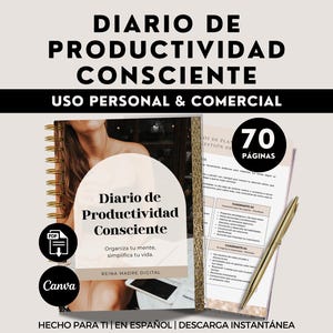 Puede incluir: Un diario con el título "DIARIO DE PRODUCTIVIDAD CONSCIENTE" y el texto "USO PERSONAL & COMERCIAL". El diario está abierto, revelando 70 páginas, con un bolígrafo dorado sobre las páginas. El diario también tiene el texto "Organiza tu mente, simplifica tu vida."