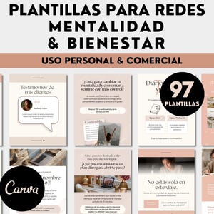 Puede incluir: Plantillas digitales para redes sociales sobre mentalidad y bienestar. El diseño incluye texto en español, el logotipo de Canva y el número 97, que indica el número de plantillas disponibles para uso personal y comercial.
