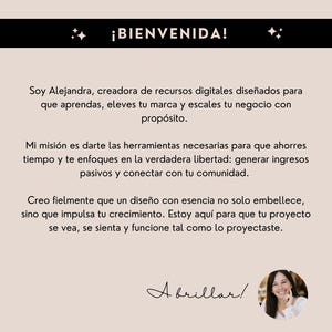 May include: A light beige graphic with the text "&iexcl;BIENVENIDA!" in black. The text below is in Spanish and includes the name "Alejandra" and the phrase "A brillar!" A small photo of a smiling woman is in the lower right corner.