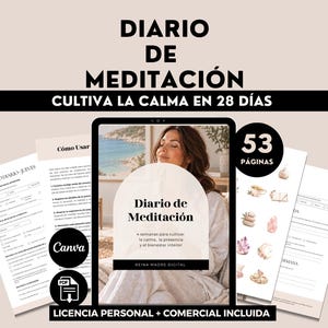 Op de afbeelding: Een digitaal meditatiejournaal getiteld Diario de Meditación met 53 pagina's, met een omslag met een kustscène, interne planningspagina's met dagelijkse logboeken en een set stickers in aquarel-stijl in een overzichtelijke lay-out.
