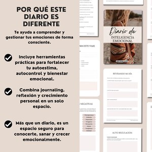May include: A digital journal with the title "Diario de Inteligencia Emocional" is displayed, along with pages with prompts and exercises. The journal's cover features a photo of a person. The text on the journal's pages includes prompts for self-reflection and emotional well-being.