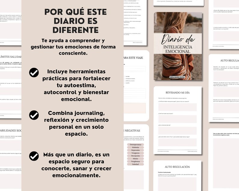 May include: A digital journal with the title "Diario de Inteligencia Emocional" is displayed, along with pages with prompts and exercises. The journal's cover features a photo of a person. The text on the journal's pages includes prompts for self-reflection and emotional well-being.