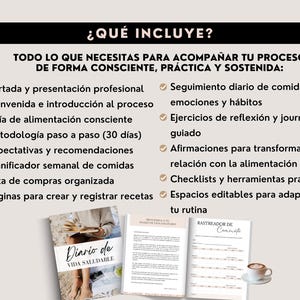 May include: A digital journal with the title "Diario de Vida Saludable" is displayed with a cup of coffee. The journal includes a cover, introduction, conscious eating guide, 30-day methodology, weekly meal planner, and shopping list.