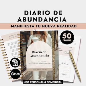 Puede incluir: Un diario digital titulado "Diario de Abundancia" con el texto "Manifiesta tu nueva realidad". El diario tiene 50 páginas e incluye el texto "Pensamientos, acciones y vibraciones que atraen prosperidad". El diario está diseñado para uso personal y comercial.