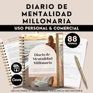 Puede incluir: Un diario digital titulado "DIARIO DE MENTALIDAD MILLONARIA" con el texto "USO PERSONAL & COMERCIAL". El diario incluye 88 páginas y está disponible en formato PDF. Un bolígrafo dorado descansa sobre una página con una plantilla.