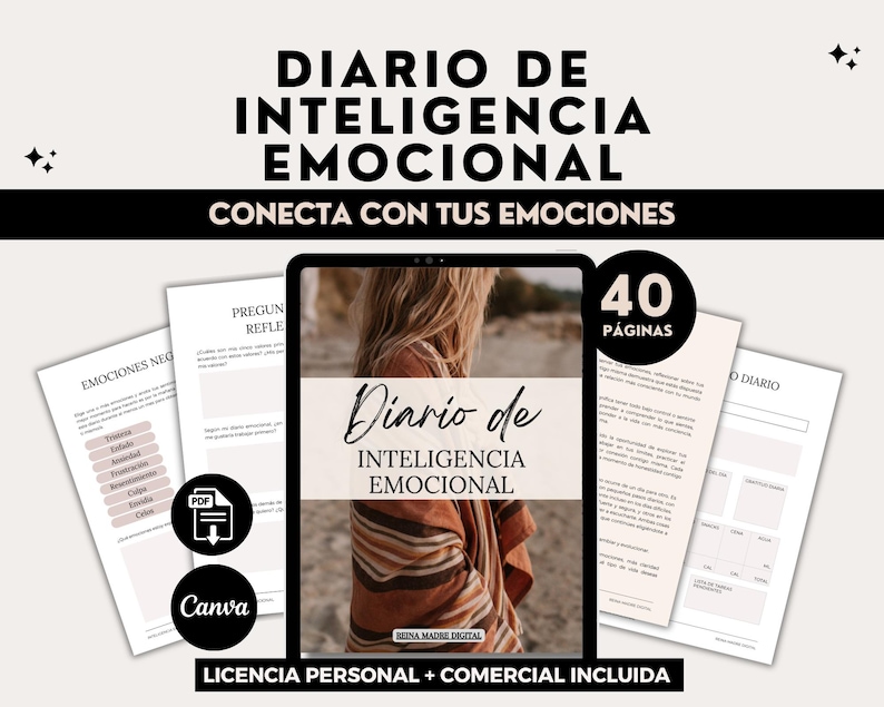May include: A digital product advertisement featuring a tablet displaying a journal titled "Diario de Inteligencia Emocional" (Emotional Intelligence Diary). The image includes several pages, a PDF icon, and the Canva logo. The text reads "Connect with your emotions."