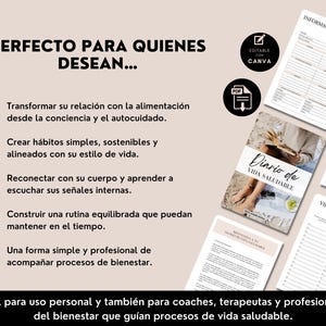May include: A collection of printable PDF pages with the title "Diario de Vida Saludable" in Spanish. The pages include forms for personal information, goal setting, and journaling. The text on the pages is in Spanish.
