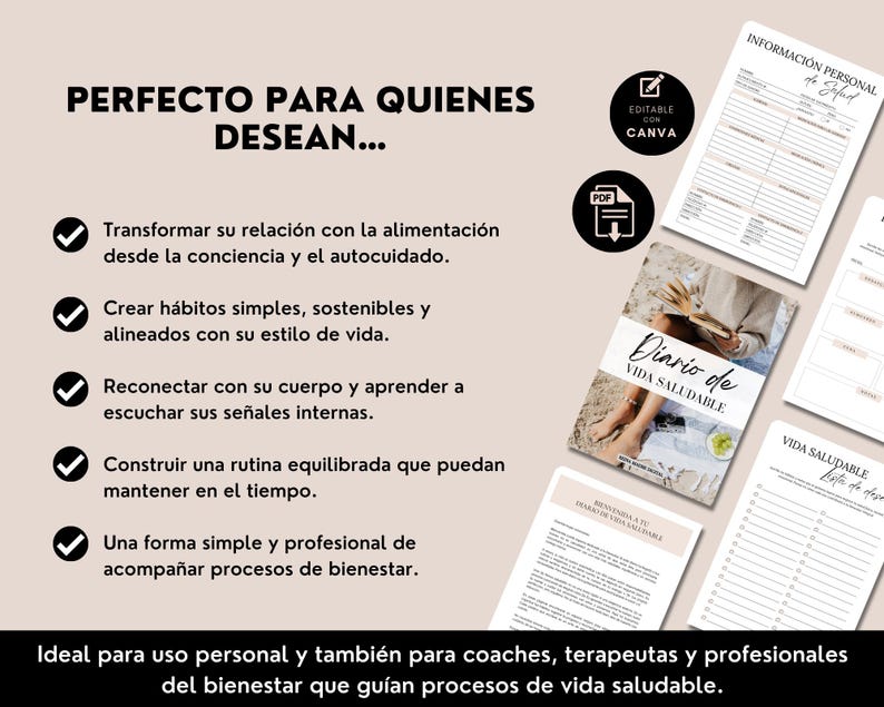 May include: A collection of printable PDF pages with the title "Diario de Vida Saludable" in Spanish. The pages include forms for personal information, goal setting, and journaling. The text on the pages is in Spanish.