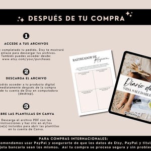 May include: A digital download graphic with the text "DESPU&Eacute;S DE TU COMPRA" and instructions on how to access files after purchase. Includes a printable "RASTREADOR DE Relajacion" and a tablet displaying "Diario de VIDA SALUDABLE".