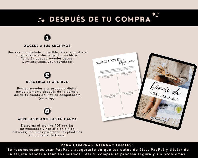 May include: A digital download graphic with the text "DESPU&Eacute;S DE TU COMPRA" and instructions on how to access files after purchase. Includes a printable "RASTREADOR DE Relajacion" and a tablet displaying "Diario de VIDA SALUDABLE".