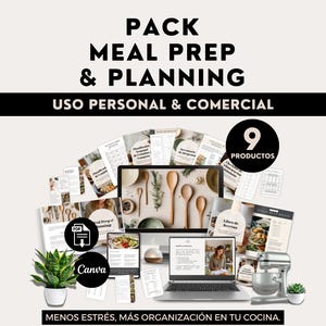 May include: An advertisement for a meal prep and planning pack. The image features a laptop, tablet, and various printed materials, including recipe books and planning guides. The text includes "PACK MEAL PREP & PLANNING" and "USO PERSONAL & COMERCIAL". A circle indicates "9 PRODUCTS".
