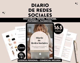 Social Media Planner, Content Planner for Instagram, TikTok, Youtube, Facebook, Pinterest, Commercial License  in Spanish,