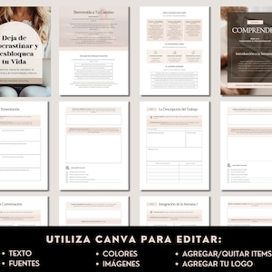 Puede incluir: Un planificador digital con varias p&aacute;ginas, incluyendo una portada con el texto "Deja de Procrastinar y Desbloquea tu Vida." Otras p&aacute;ginas incluyen "La Presentaci&oacute;n," "La Conversaci&oacute;n," y "La Descripci&oacute;n del Trabajo." El planificador est&aacute; dise&ntilde;ado para editarse en Canva.