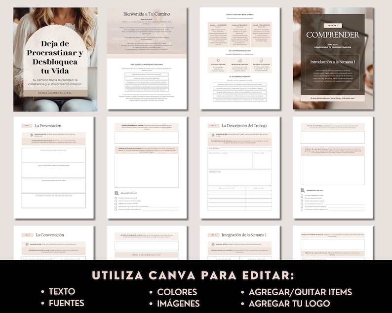 Puede incluir: Un planificador digital con varias p&aacute;ginas, incluyendo una portada con el texto "Deja de Procrastinar y Desbloquea tu Vida." Otras p&aacute;ginas incluyen "La Presentaci&oacute;n," "La Conversaci&oacute;n," y "La Descripci&oacute;n del Trabajo." El planificador est&aacute; dise&ntilde;ado para editarse en Canva.