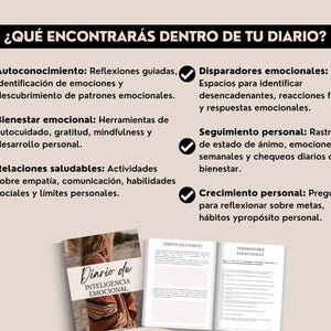 May include: A journal titled "Diario de Inteligencia Emocional" is open to display its contents. The journal's pages are visible, along with text describing self-awareness, emotional well-being, healthy relationships, and personal growth. The journal is designed for emotional intelligence.