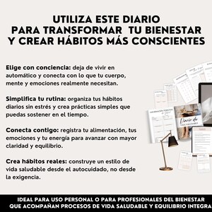 May include: A digital wellness journal with the title "Diario de Vida Saludable" and text in Spanish. The image includes a laptop, papers, and a desk lamp. The journal promotes conscious habits and well-being.