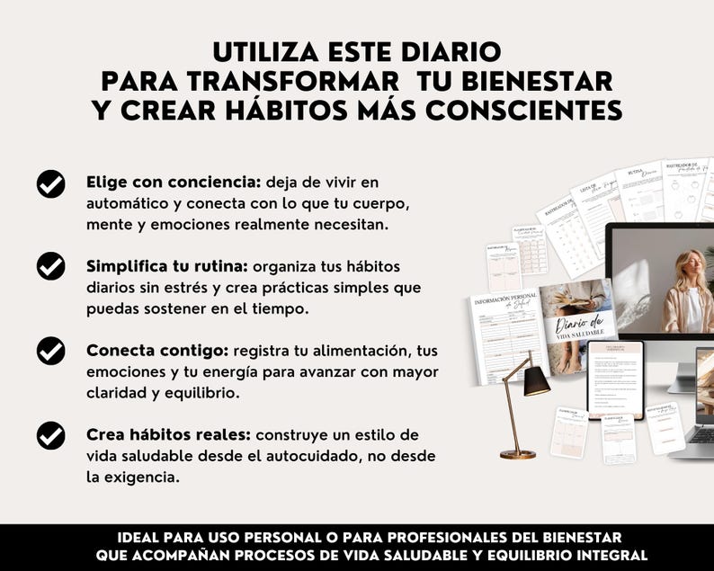 May include: A digital wellness journal with the title "Diario de Vida Saludable" and text in Spanish. The image includes a laptop, papers, and a desk lamp. The journal promotes conscious habits and well-being.