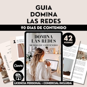 Puede incluir: Una guía de marketing digital titulada "Domina Las Redes" (Domina las Redes) con el texto "90 Días de Contenido". La imagen muestra una tableta con la portada de la guía, varias páginas abiertas y un bolígrafo. La guía incluye 42 páginas e iconos de Canva y PDF.