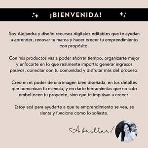 May include: A light beige graphic with the text "&iexcl;BIENVENIDA!" in black. The text below describes digital resources to help with learning, branding, and business growth. Includes a signature and a photo of a woman.