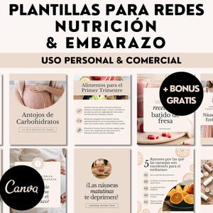 Puede incluir: Un conjunto de nueve plantillas para redes sociales sobre nutrición y embarazo. Las plantillas presentan una variedad de imágenes, incluyendo comida, una mujer embarazada y un batido. El texto en las plantillas incluye frases como "Antojos de Carbohidratos" y "Alimentos para el Primer Trimestre".