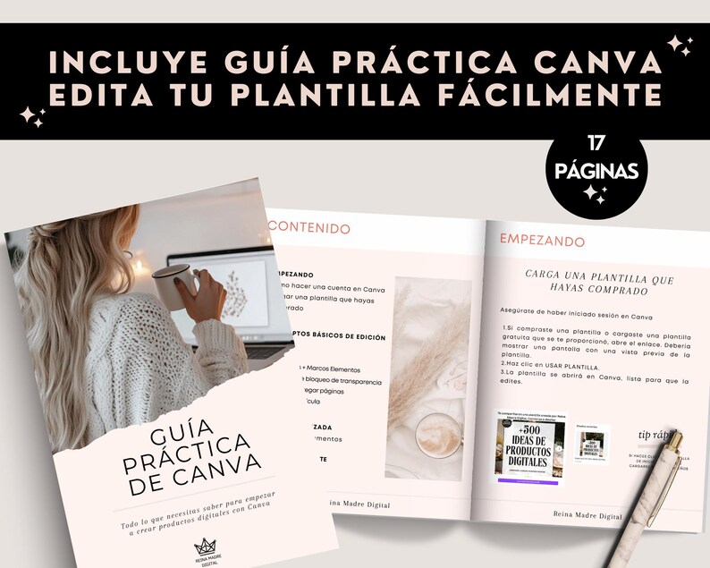 Puede incluir: Una gu&iacute;a titulada "GU&Iacute;A PR&Aacute;CTICA DE CANVA" con 17 p&aacute;ginas, que ofrece consejos pr&aacute;cticos para crear productos digitales. La imagen muestra un libro abierto con texto e ilustraciones, junto con una persona usando una computadora port&aacute;til. La gu&iacute;a incluye consejos e instrucciones.